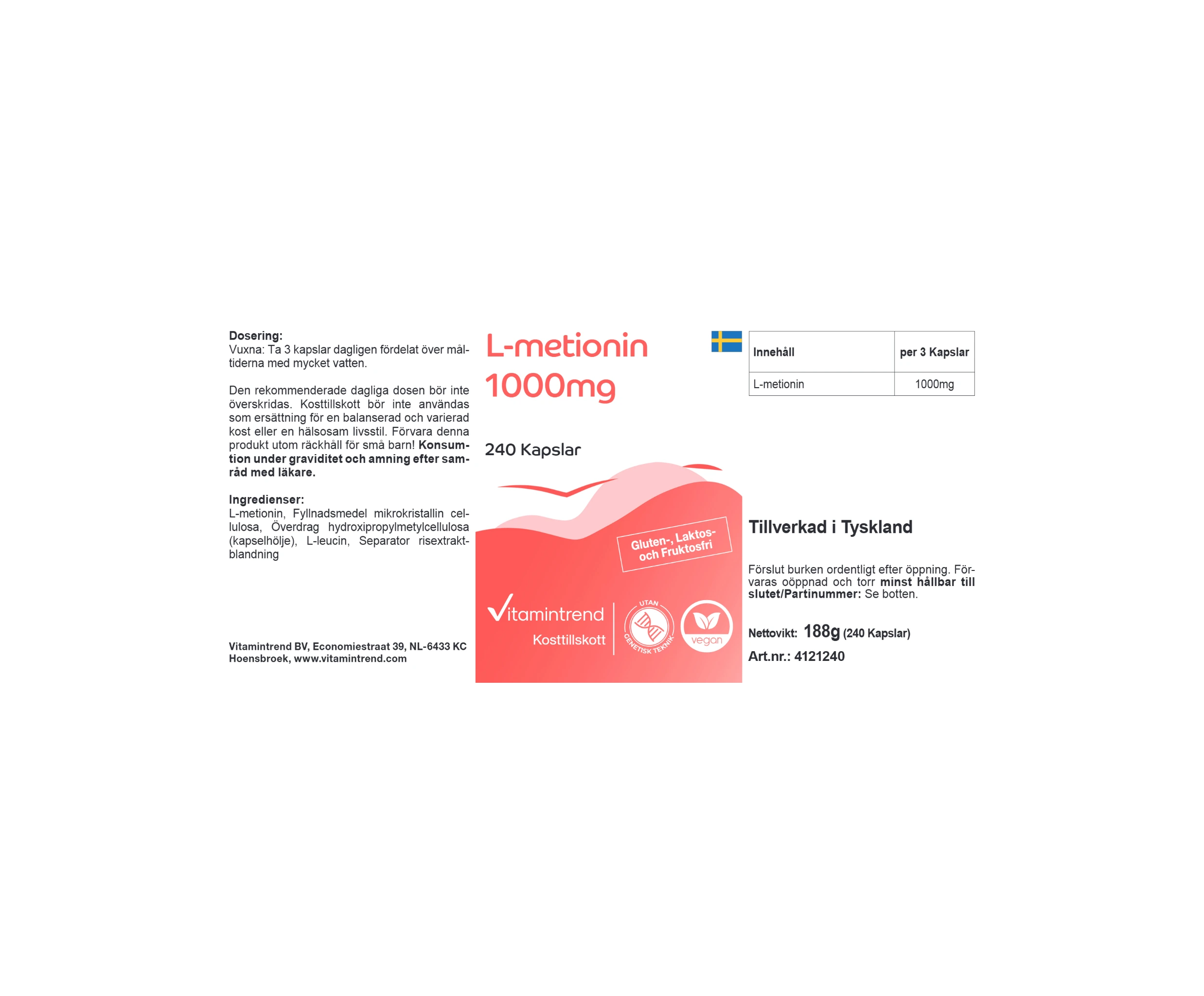 L-Methionine 1500mg - 240 Capsules - Vegan | Vitamintrend