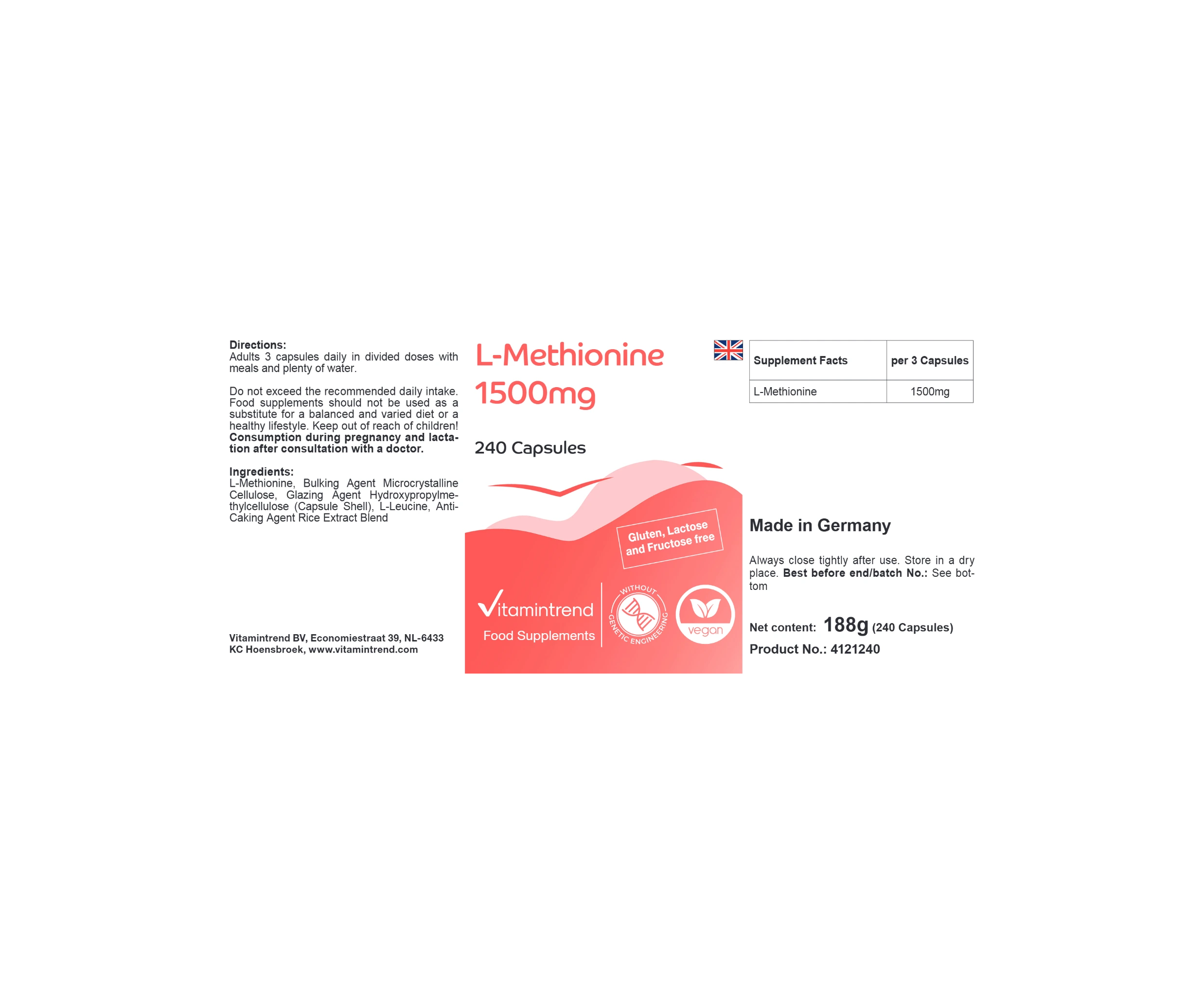 L-Methionine 1500mg - 240 Capsules - Vegan | Vitamintrend