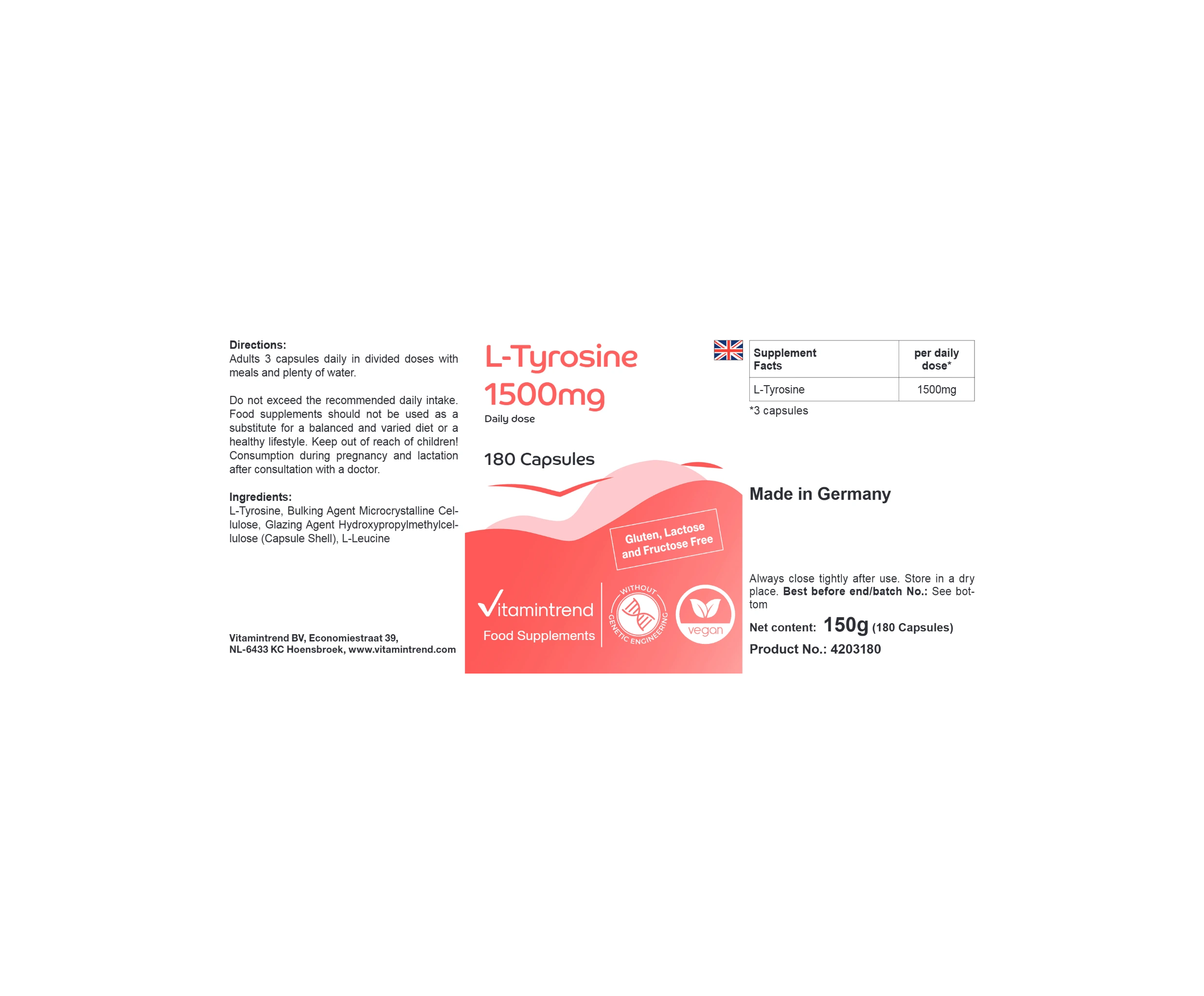 L-Tyrosin 1500mg - 180 Kapseln | Vitamintrend
