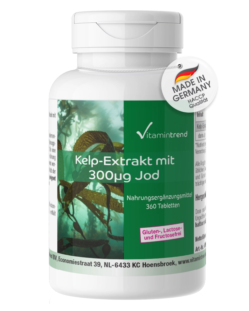 Kelp-Extrakt mit 300µg Jod - 360 Tabletten - Großpackung für 1 Jahr - hochdosiert - vegan | Vitamintrend Kelp-Extrakt mit 300µg Jod - 360 Tabletten - Großpackung für 1 Jahr - hochdosiert - vegan | Vitamintrend