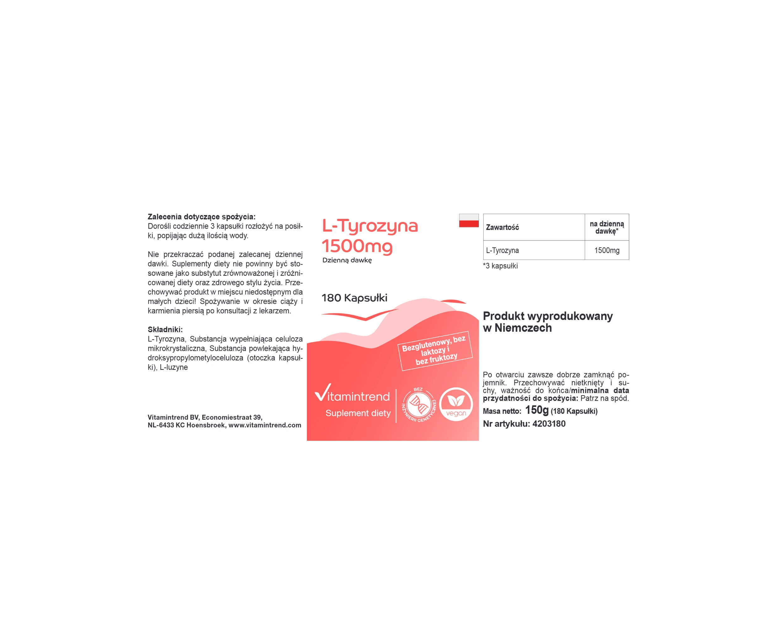 L-Tyrosin 1500mg - 180 Kapseln | Vitamintrend
