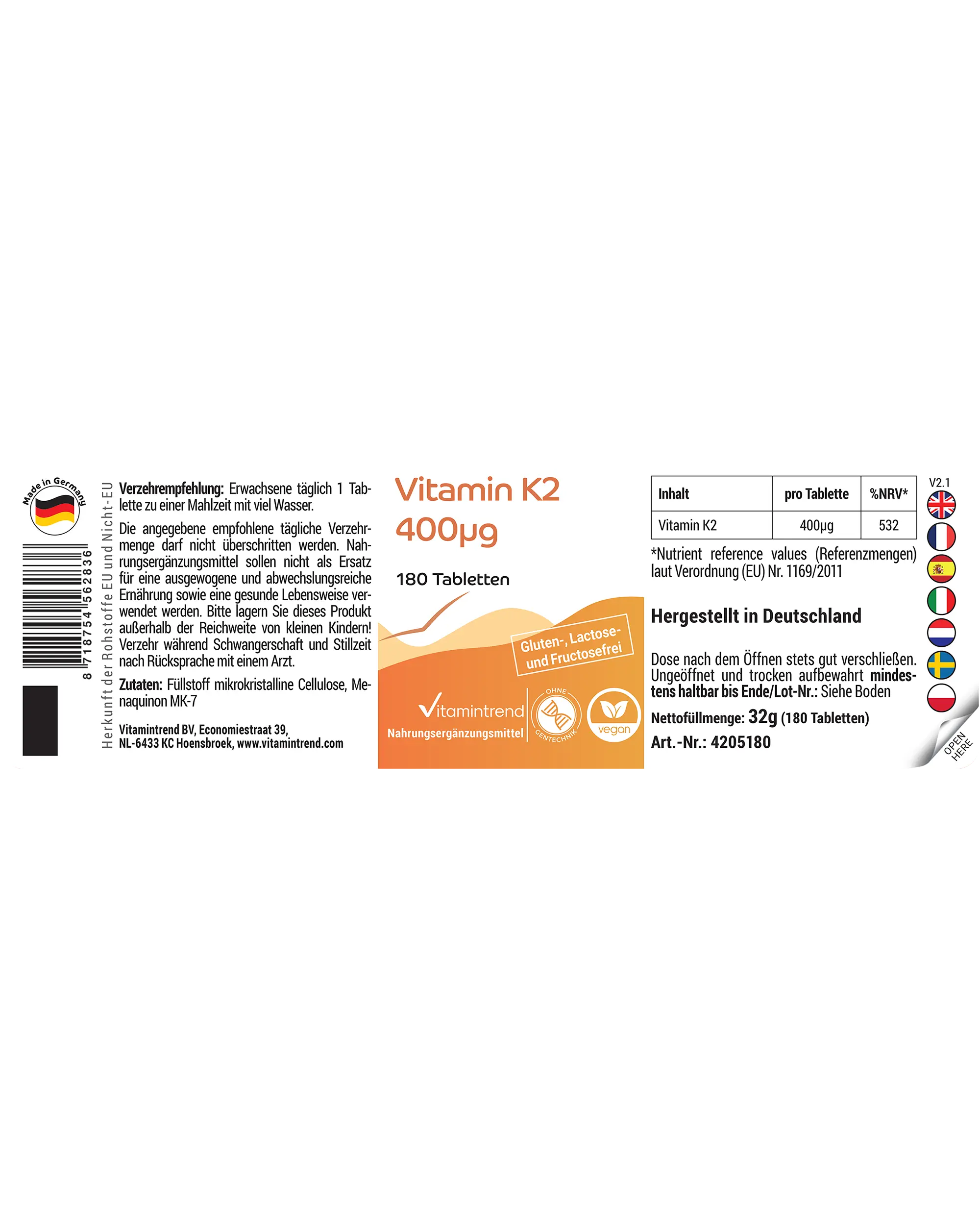 Vitamin K2 400mcg - 180 Tablets | Vitamintrend