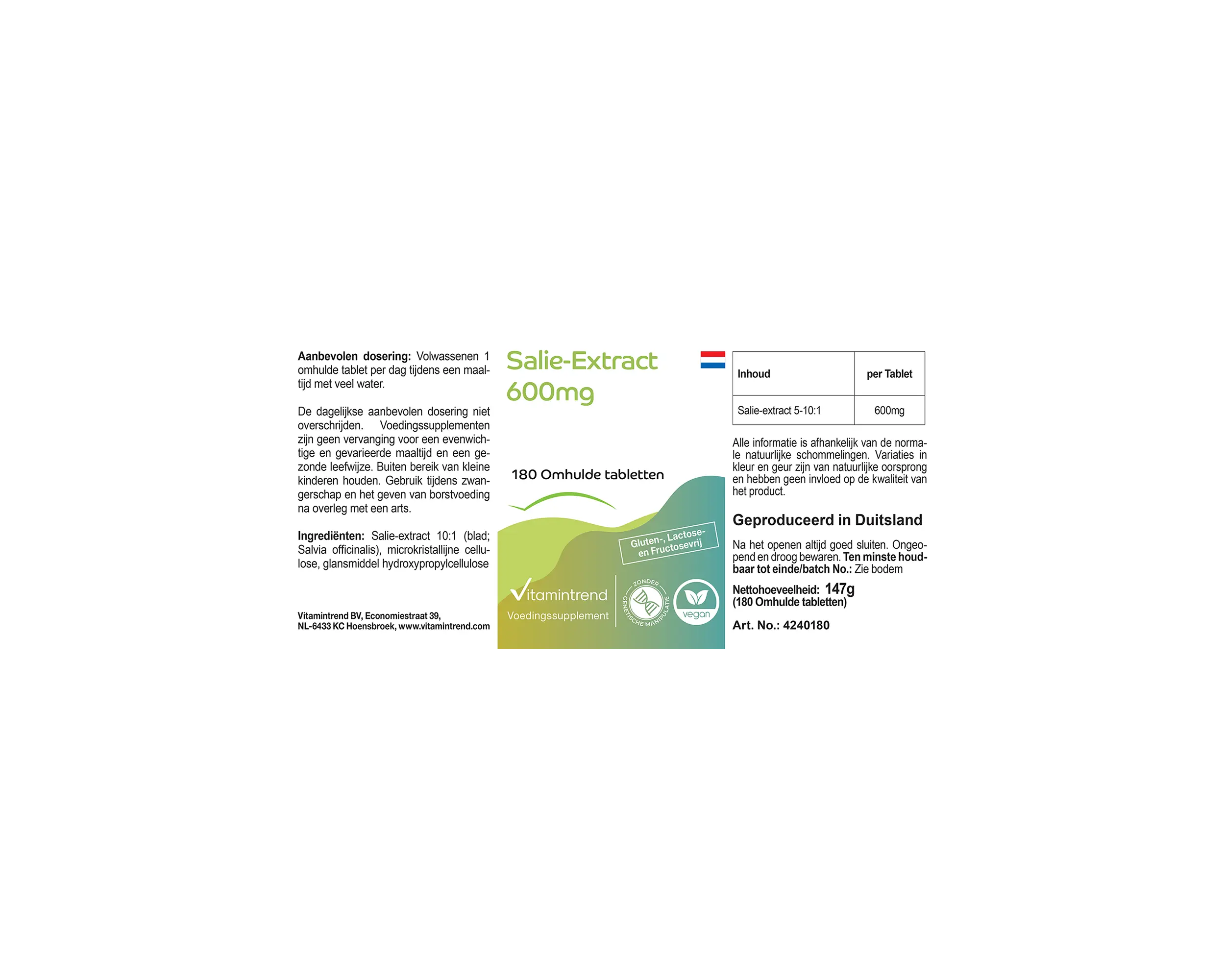 Extracto de Salvia 600mg - 180 comprimidos recubiertos con película | Vitamintrend