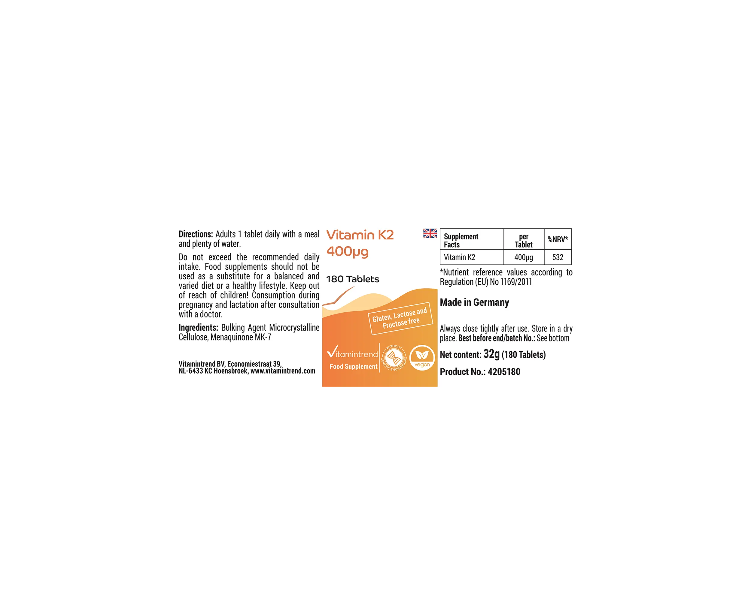 Vitamin K2 400mcg - 180 Tablets | Vitamintrend
