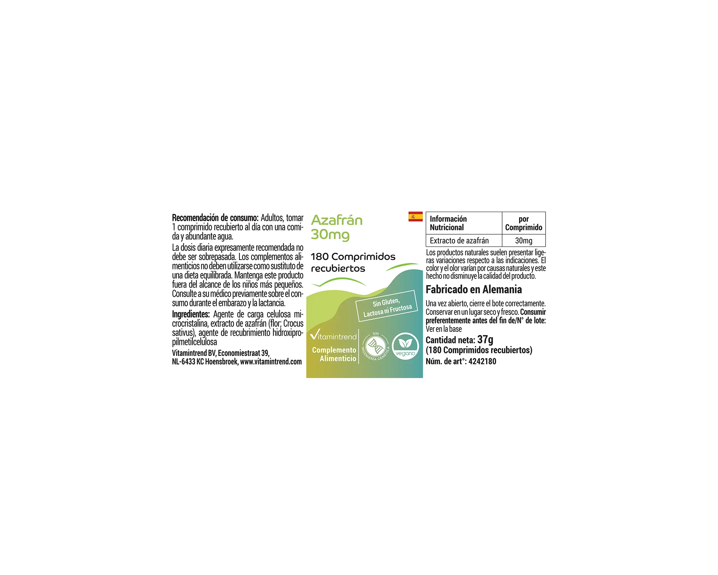 Azafrán 30mg - 180 comprimidos recubiertos con película | Vitamintrend