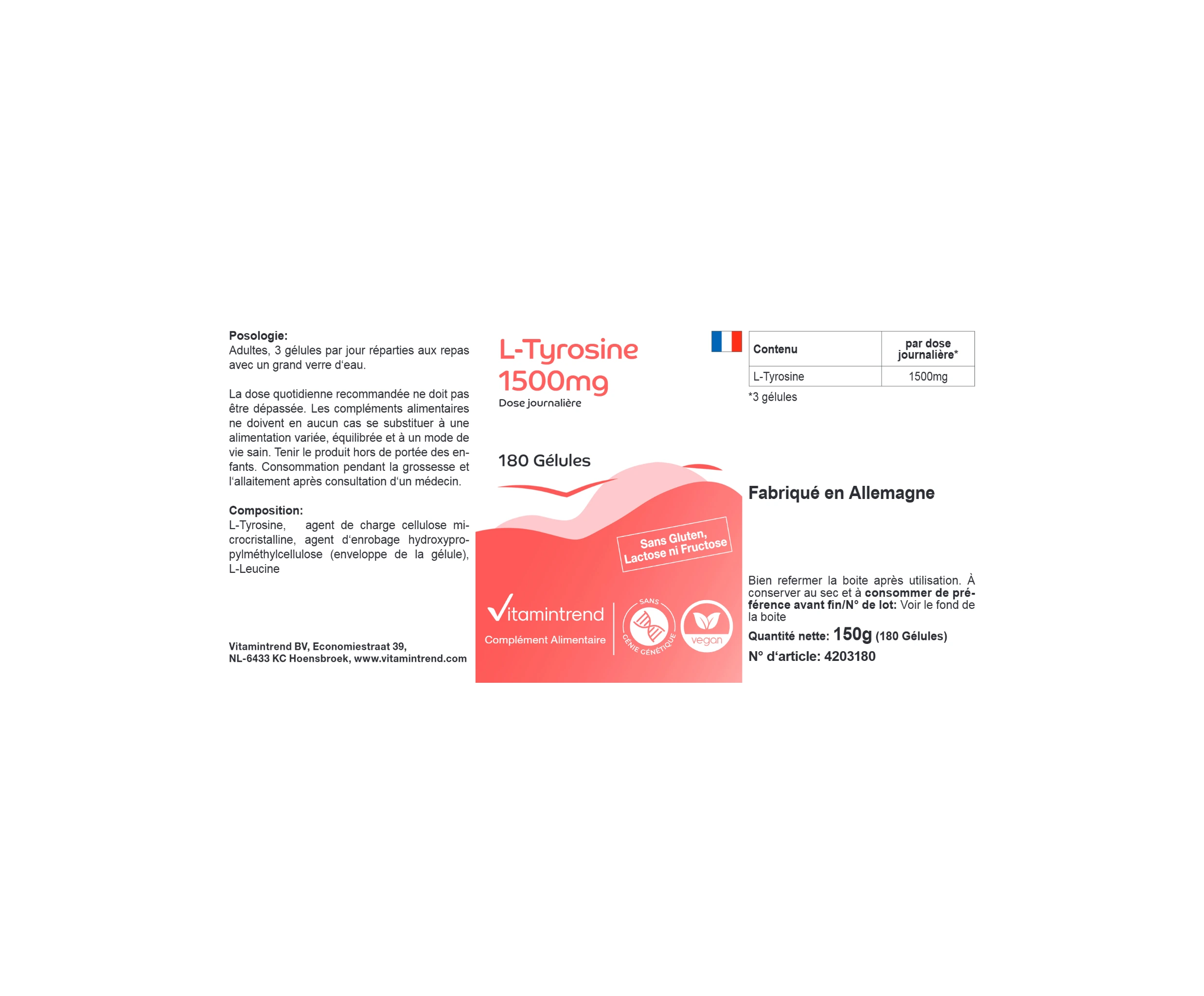 L-Tyrosin 1500mg - 180 Kapseln | Vitamintrend
