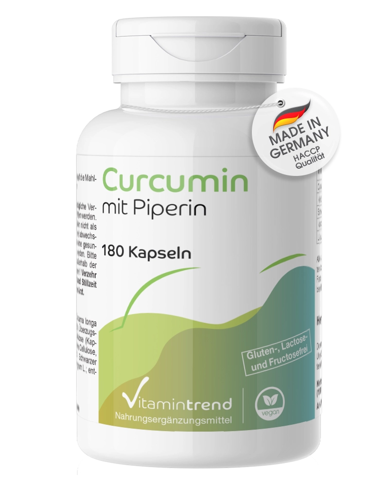 Curcumin 500mg mit Bioperin - 180 Kapseln - 95% Curcuminoide - Kurkuma-Extrakt - Großpackung für 1/2 Jahr - vegan | Vitamintrend Curcumin 500mg mit Bioperin - 180 Kapseln - 95% Curcuminoide - Kurkuma-Extrakt - Großpackung für 1/2 Jahr - vegan | Vitamintrend