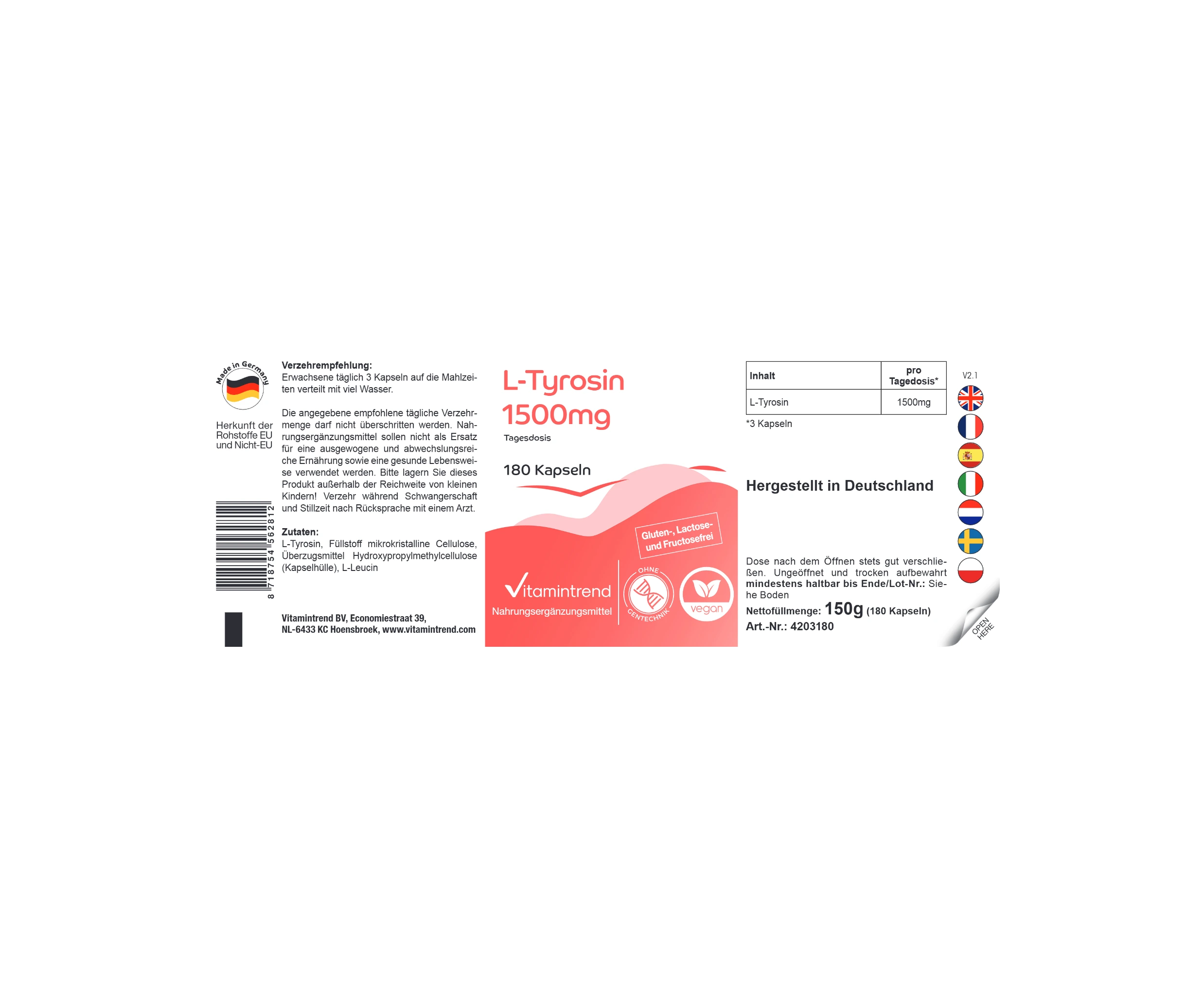 L-Tyrosin 1500mg - 180 Kapseln | Vitamintrend