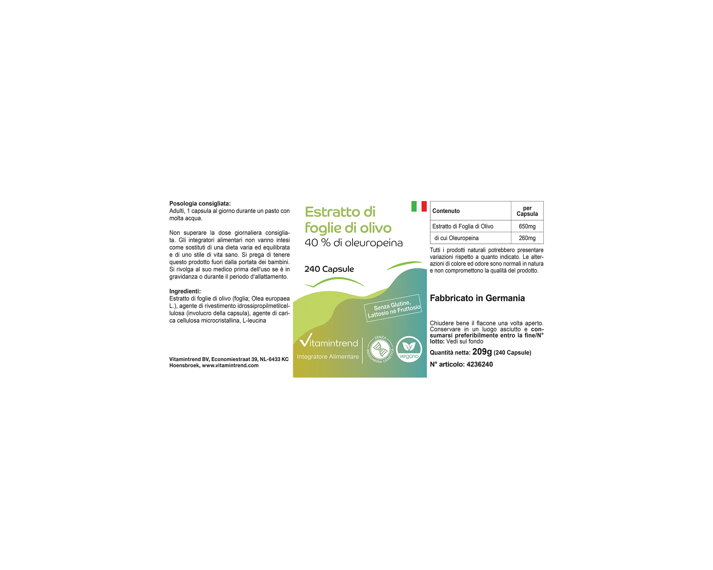 Estratto di foglia d’olivo con 40% di oleuropeina - 240 capsule | Vitamintrend