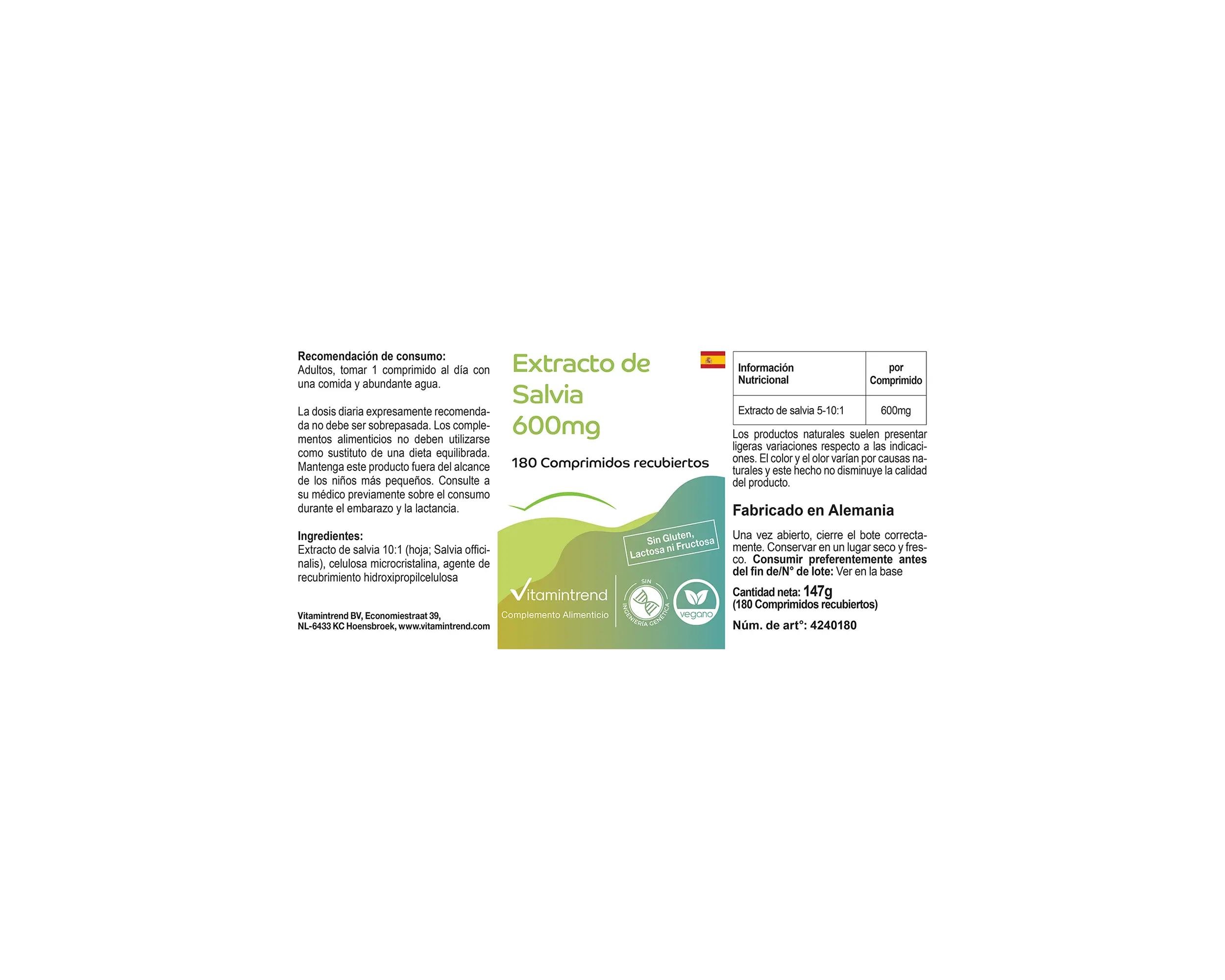 Extracto de Salvia 600mg - 180 comprimidos recubiertos con película | Vitamintrend