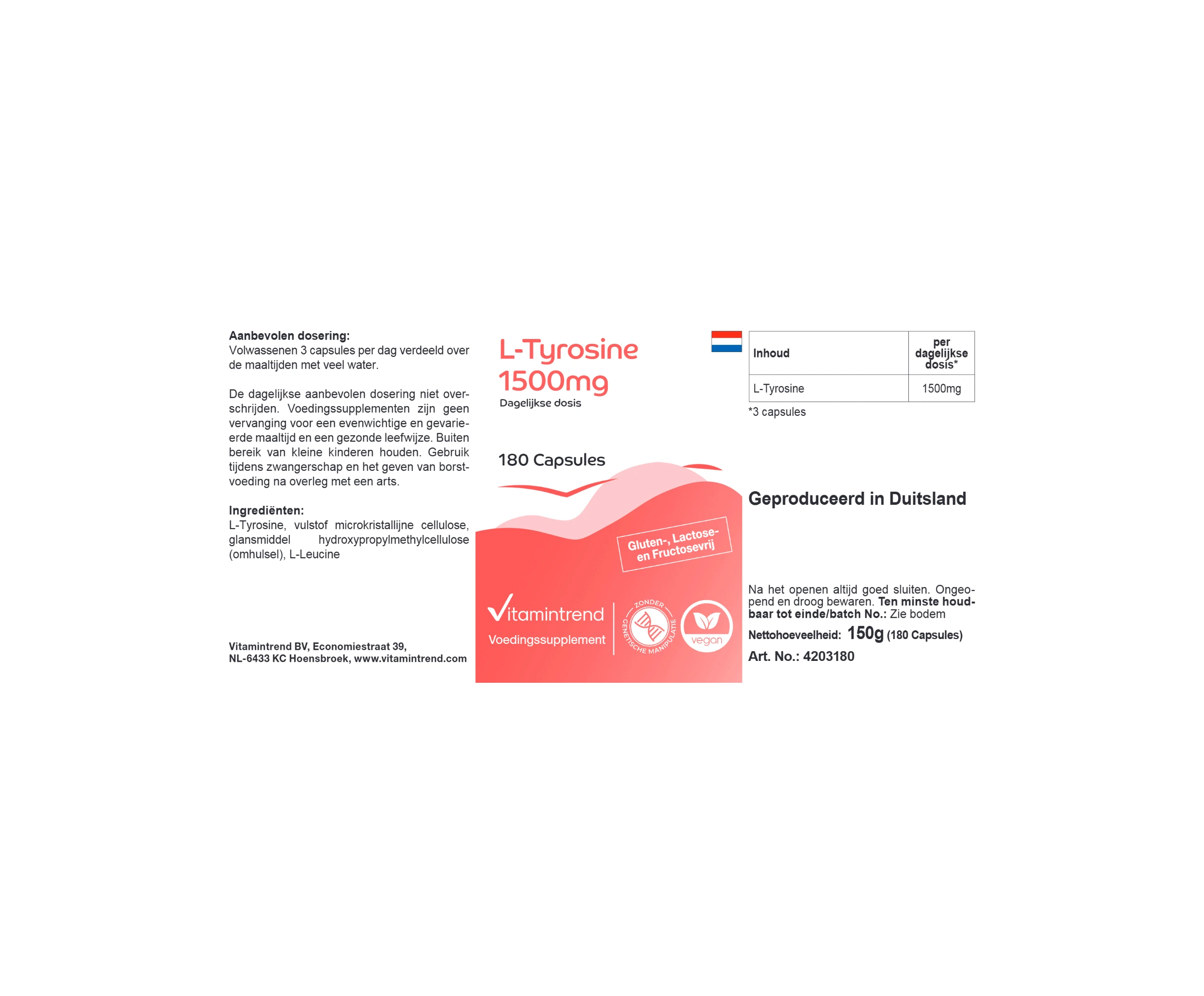 L-Tyrosin 1500mg - 180 Kapseln | Vitamintrend