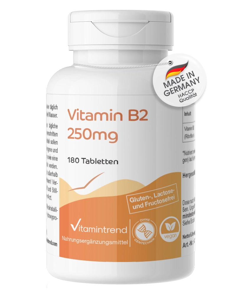 Vitamin B2 250 mg – 180 Tabletten – schluckfreundlich - über 100 % Bedarfsabdeckung | Vitamintrend