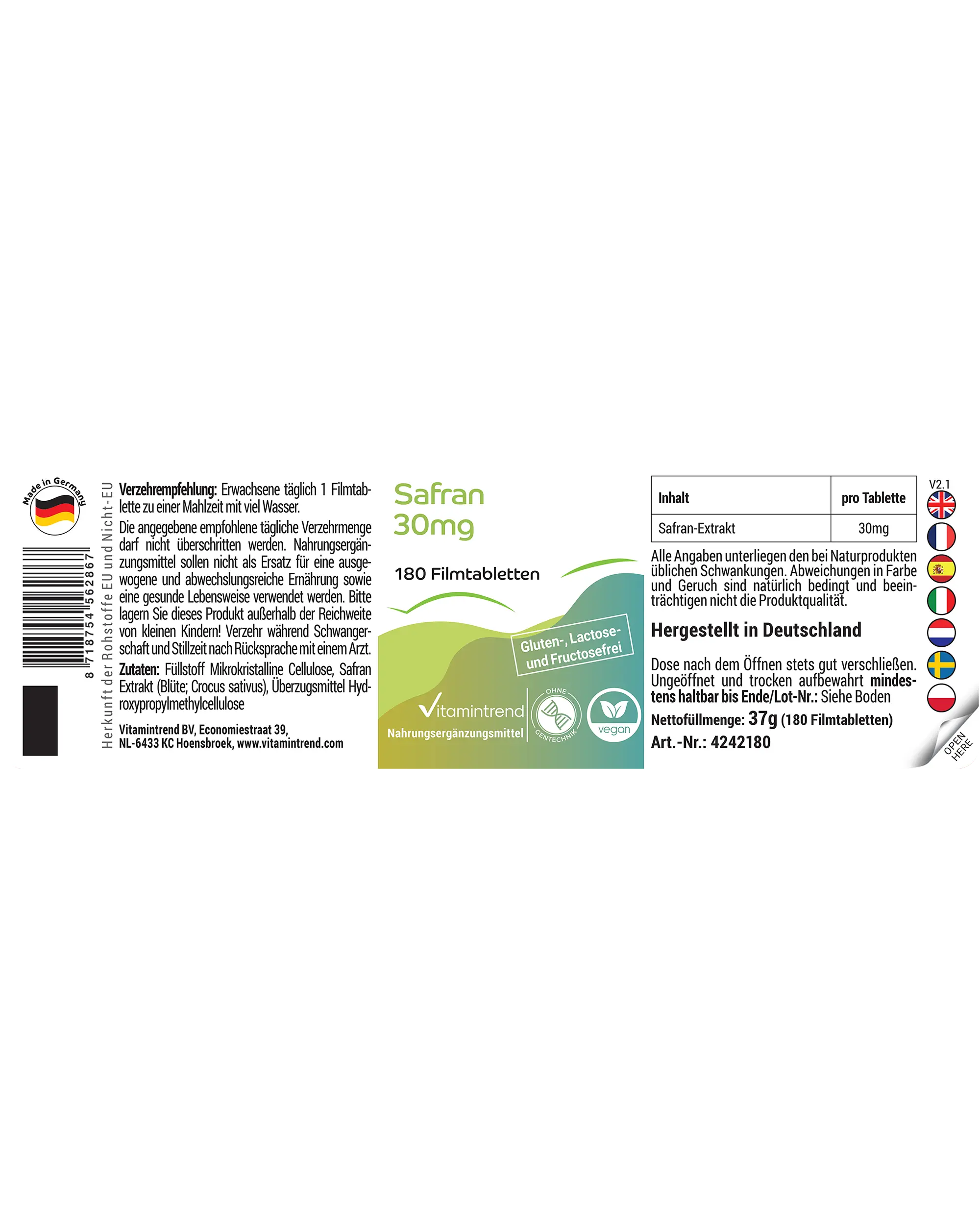 Azafrán 30mg - 180 comprimidos recubiertos con película | Vitamintrend