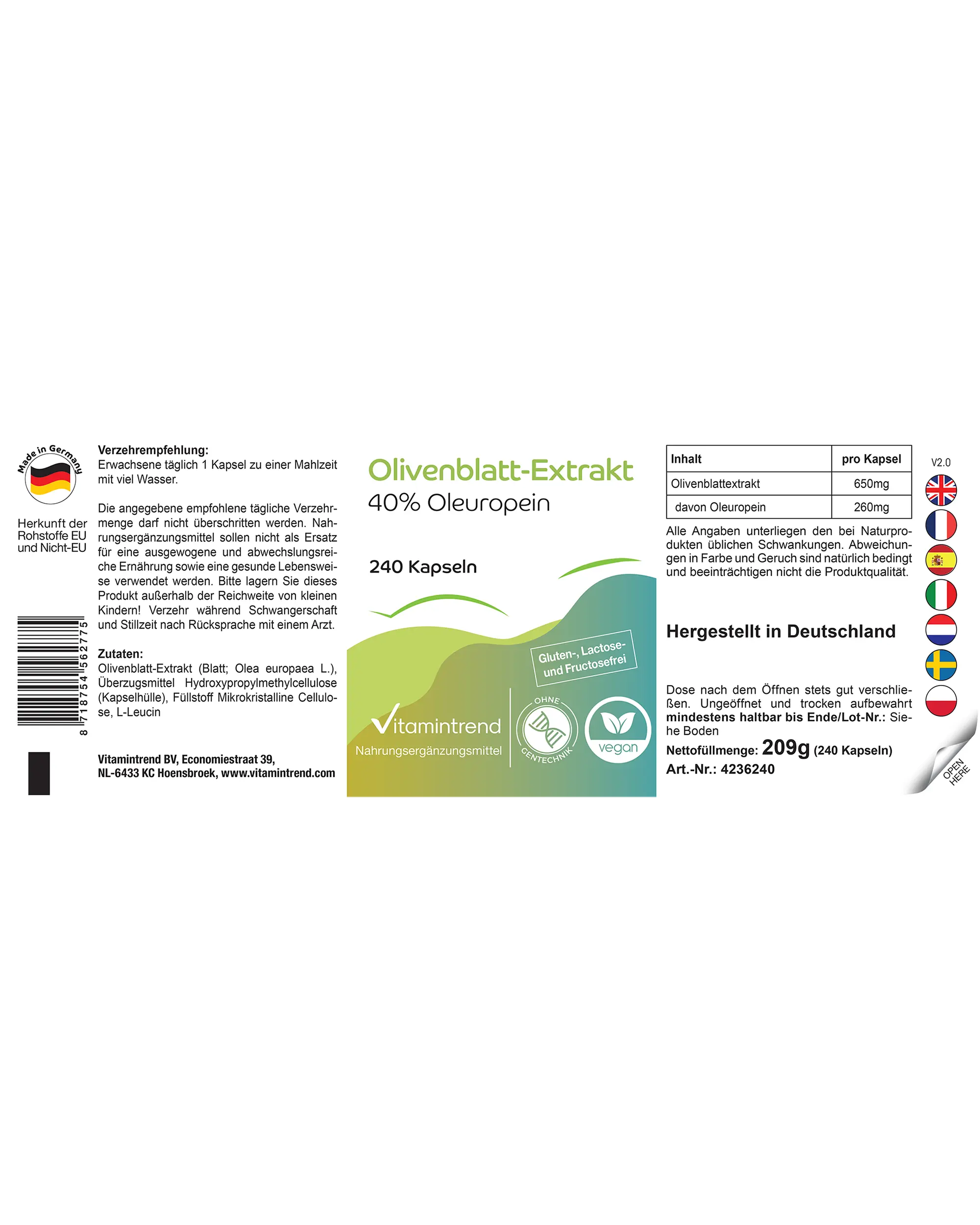 Estratto di foglia d’olivo con 40% di oleuropeina - 240 capsule | Vitamintrend