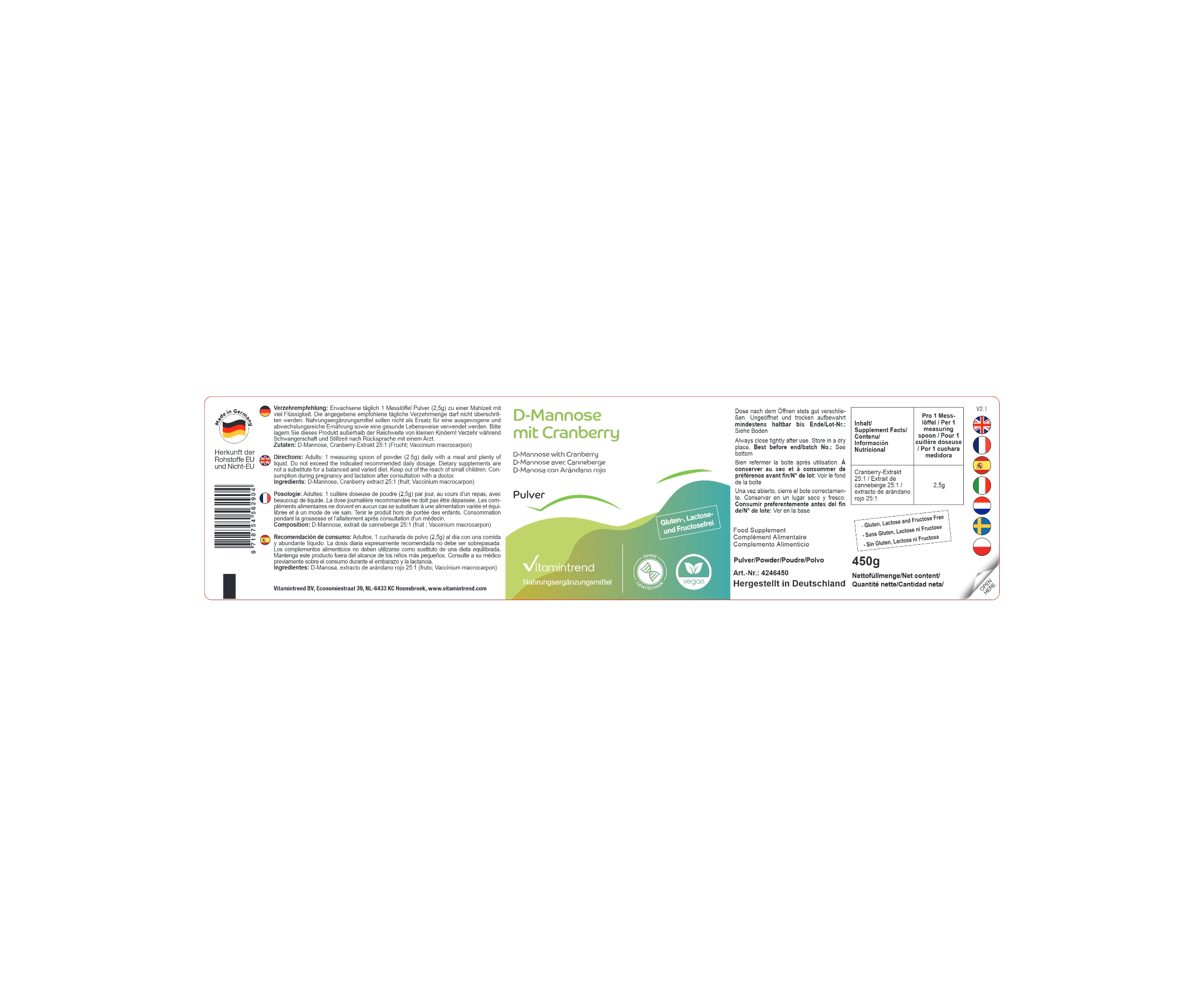 D-Mannose mit Cranberry - 450g Pulver | Vitamintrend