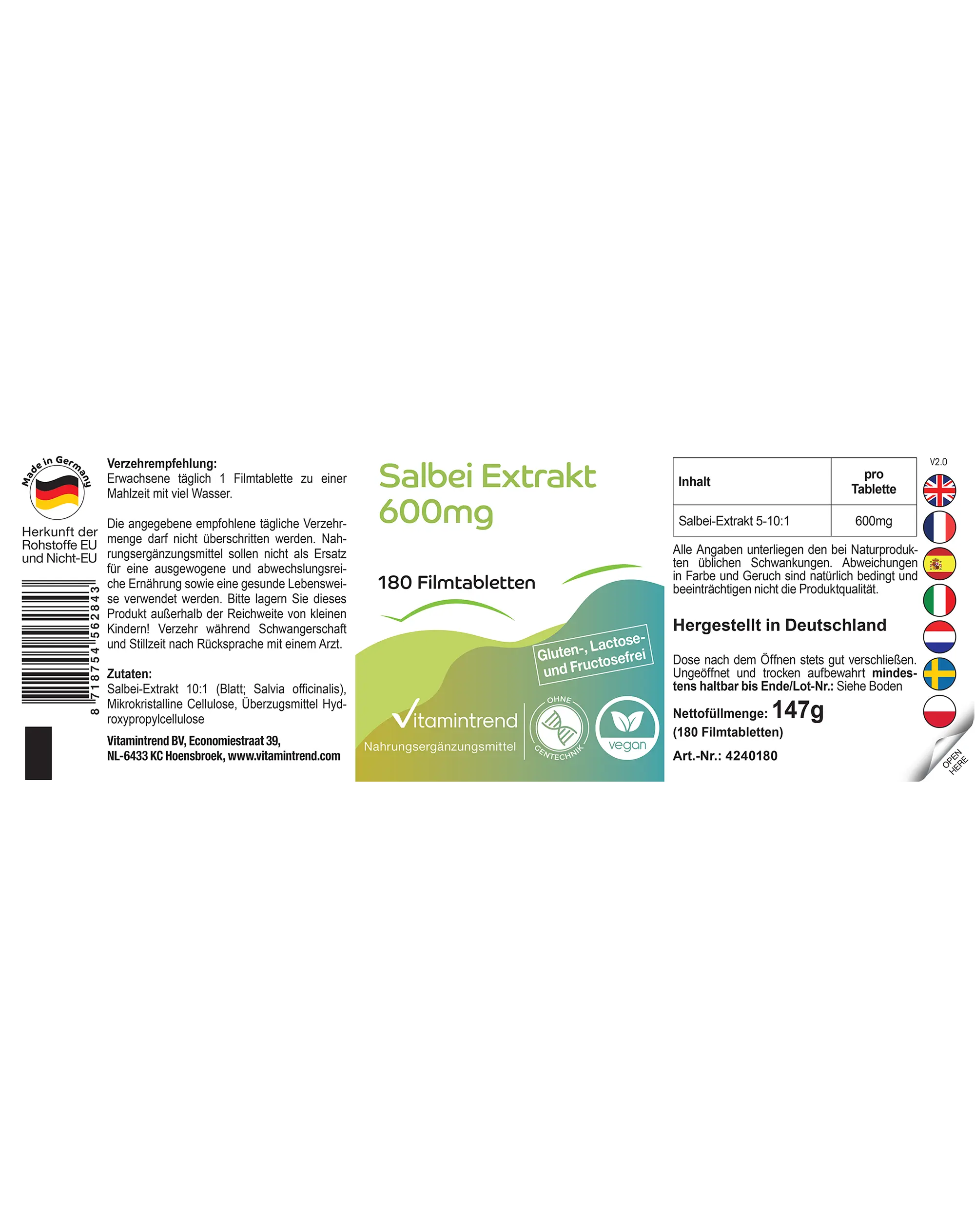 Extracto de Salvia 600mg - 180 comprimidos recubiertos con película | Vitamintrend