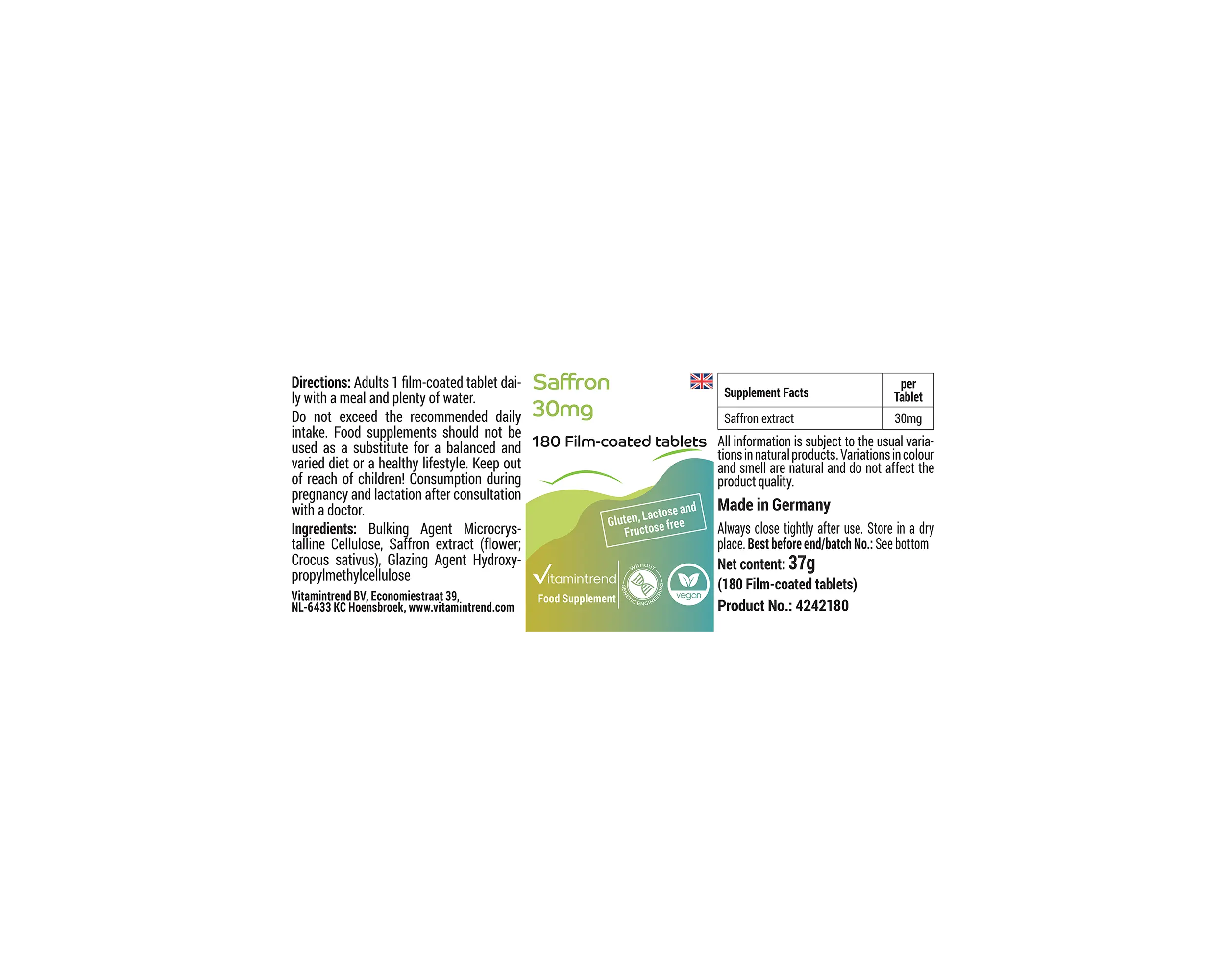 Azafrán 30mg - 180 comprimidos recubiertos con película | Vitamintrend