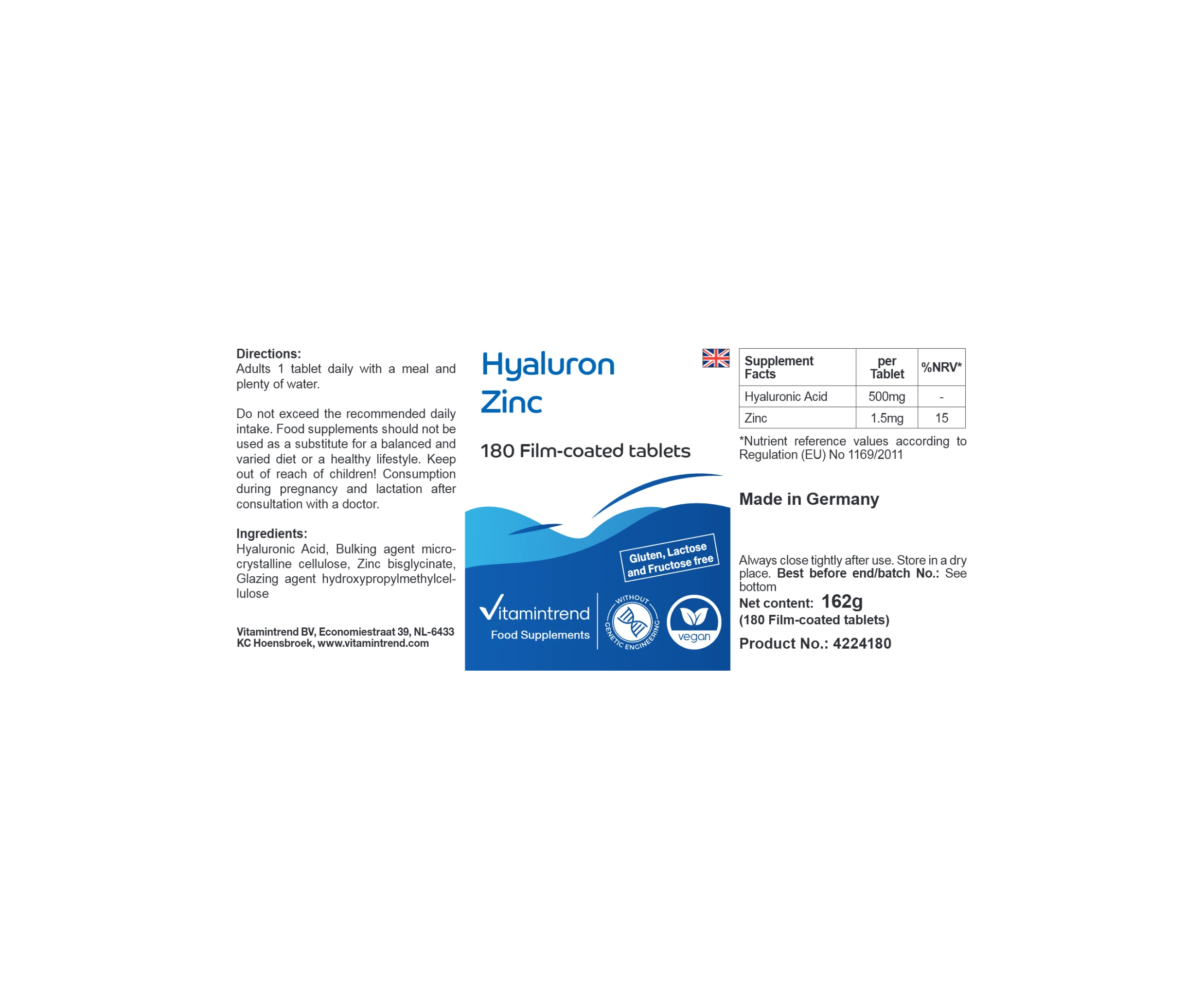 Hyaluron Zink - 180 Filmtabletten | Vitamintrend