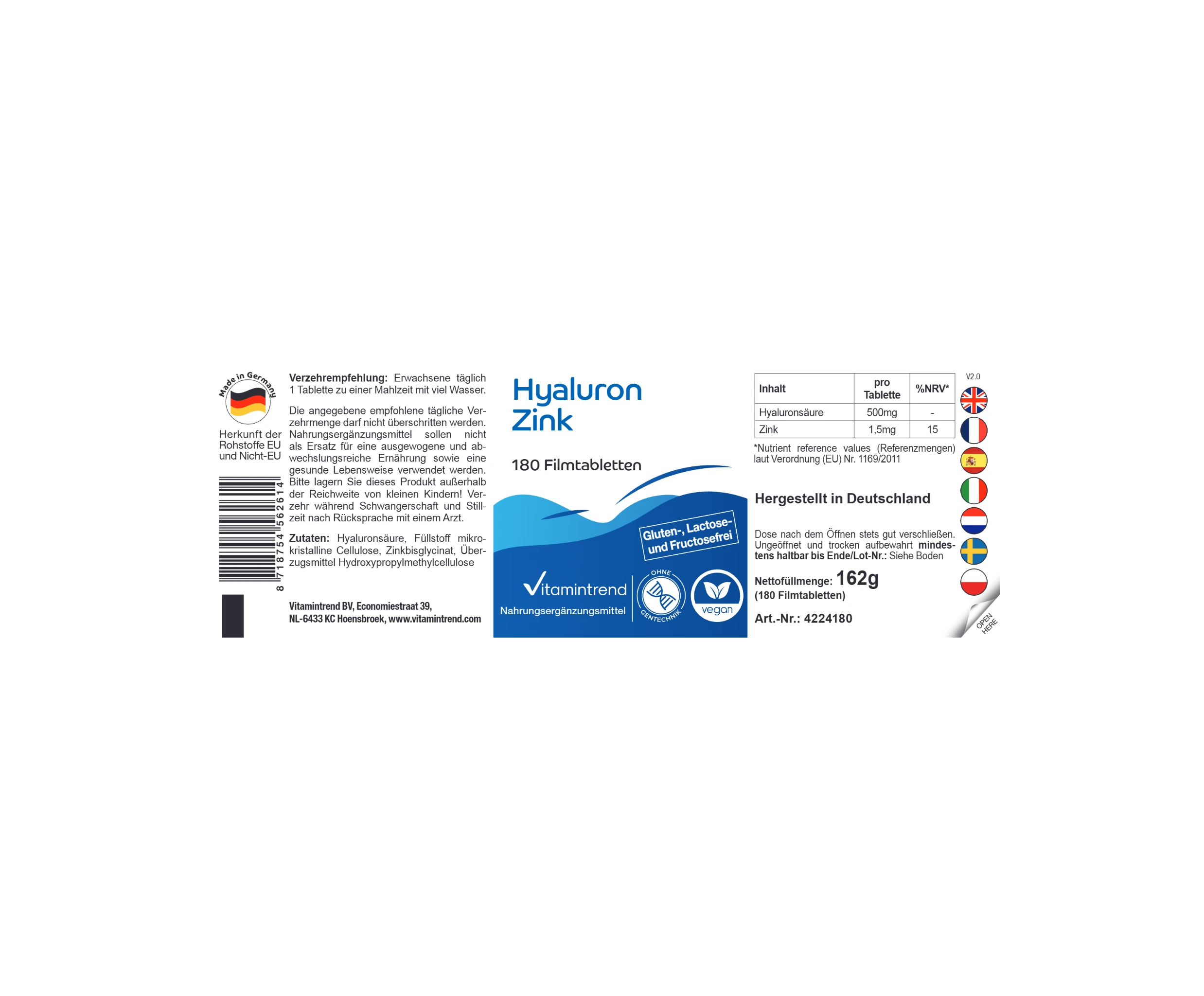 Hyaluron Zink - 180 Filmtabletten | Vitamintrend